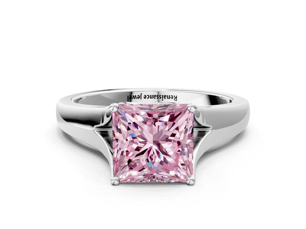 White gold Fancy Pink Princess  Solitaire Diamond Ring with Cathedral Band and Four-Prong Setting