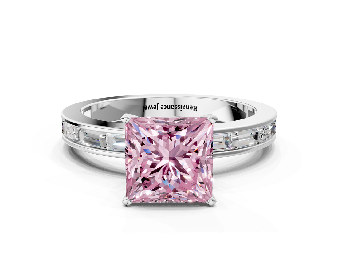 White gold Fancy Pink Princess  Solitaire Diamond Ring with Channel-Set Baguette Band and Four-Prong Setting