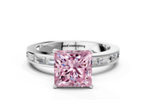 White gold Fancy Pink Princess  Solitaire Diamond Ring with Channel-Set Baguette Band and Four-Prong Setting