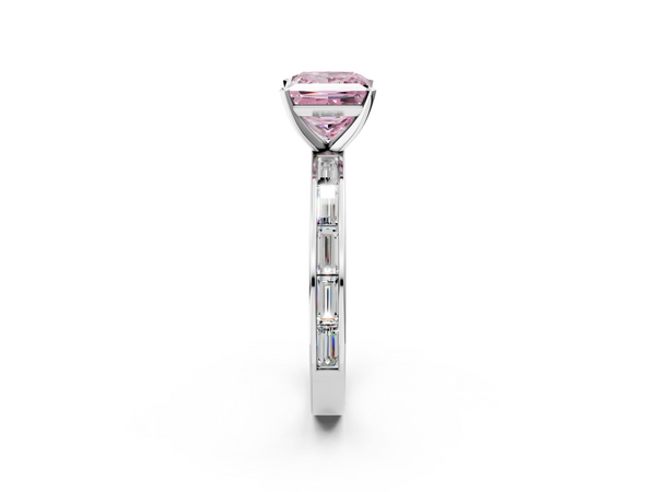 Platinum Fancy Pink Princess  Solitaire Diamond Ring with Channel-Set Baguette Band and Four-Prong Setting