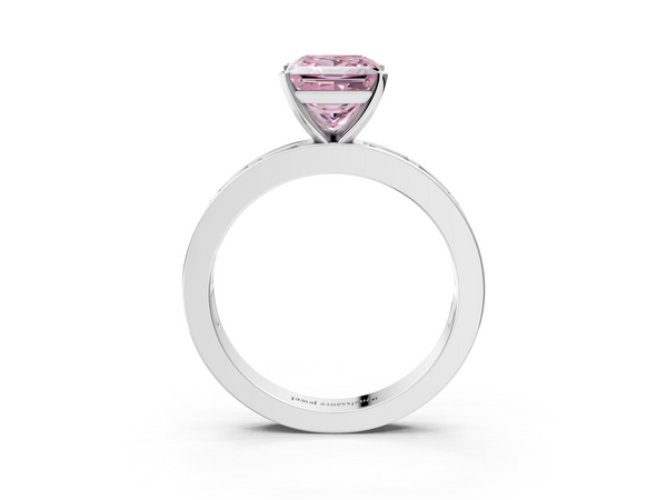 Platinum Fancy Pink Princess  Solitaire Diamond Ring with Channel-Set Baguette Band and Four-Prong Setting