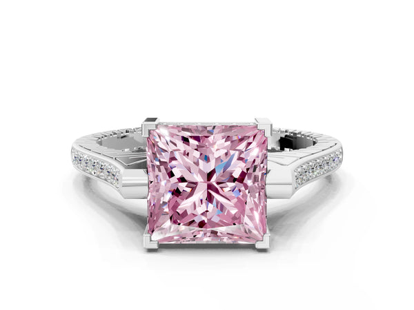 Platinum Fancy Pink Princess  Solitaire Diamond Ring with Channel Set Band and Bezel Prong Setting