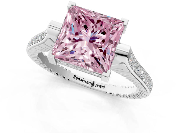 Platinum Fancy Pink Princess  Solitaire Diamond Ring with Channel Set Band and Bezel Prong Setting