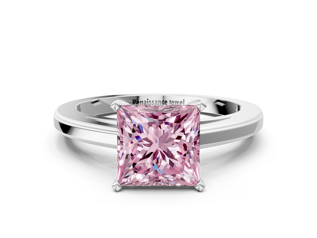 White gold Fancy Pink Princess  Solitaire Diamond Ring with Four-Prong Setting and Classic Band_3