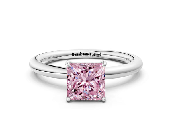 White gold Fancy Pink Princess  Solitaire Diamond Ring with Four-Prong Setting on a Plain Band