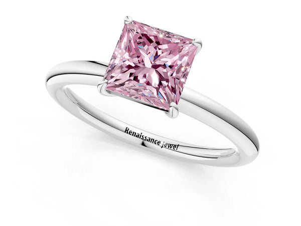 White gold Fancy Pink Princess  Solitaire Diamond Ring with Four-Prong Setting on a Plain Band
