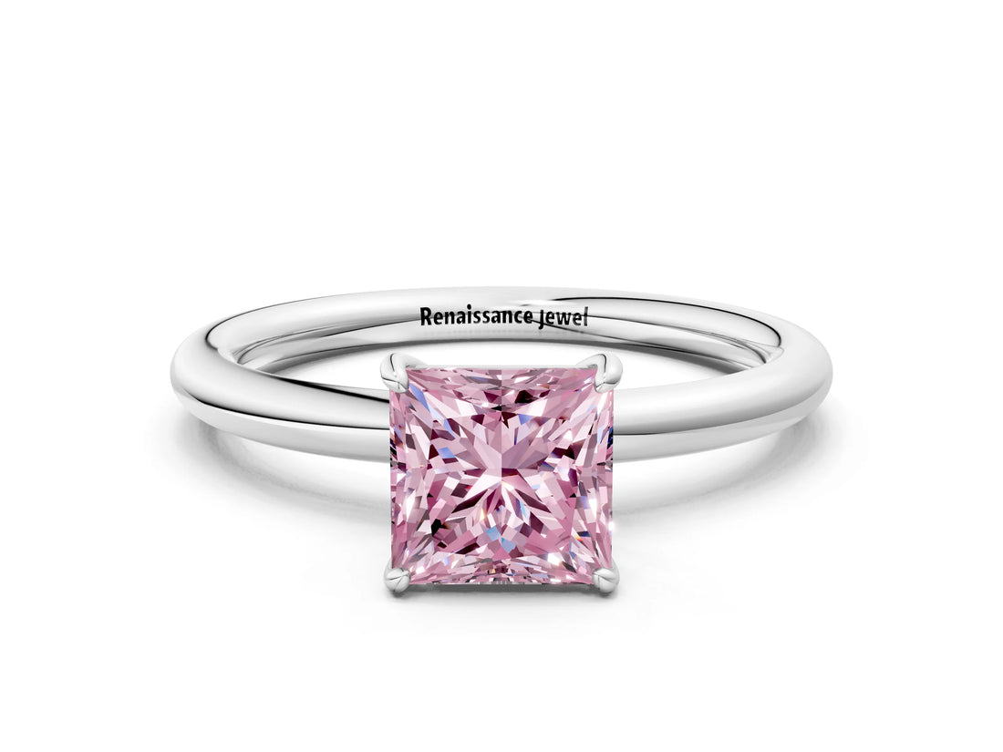 White gold Fancy Pink Princess  Solitaire Diamond Ring with Four-Prong Setting on a Plain Band_53