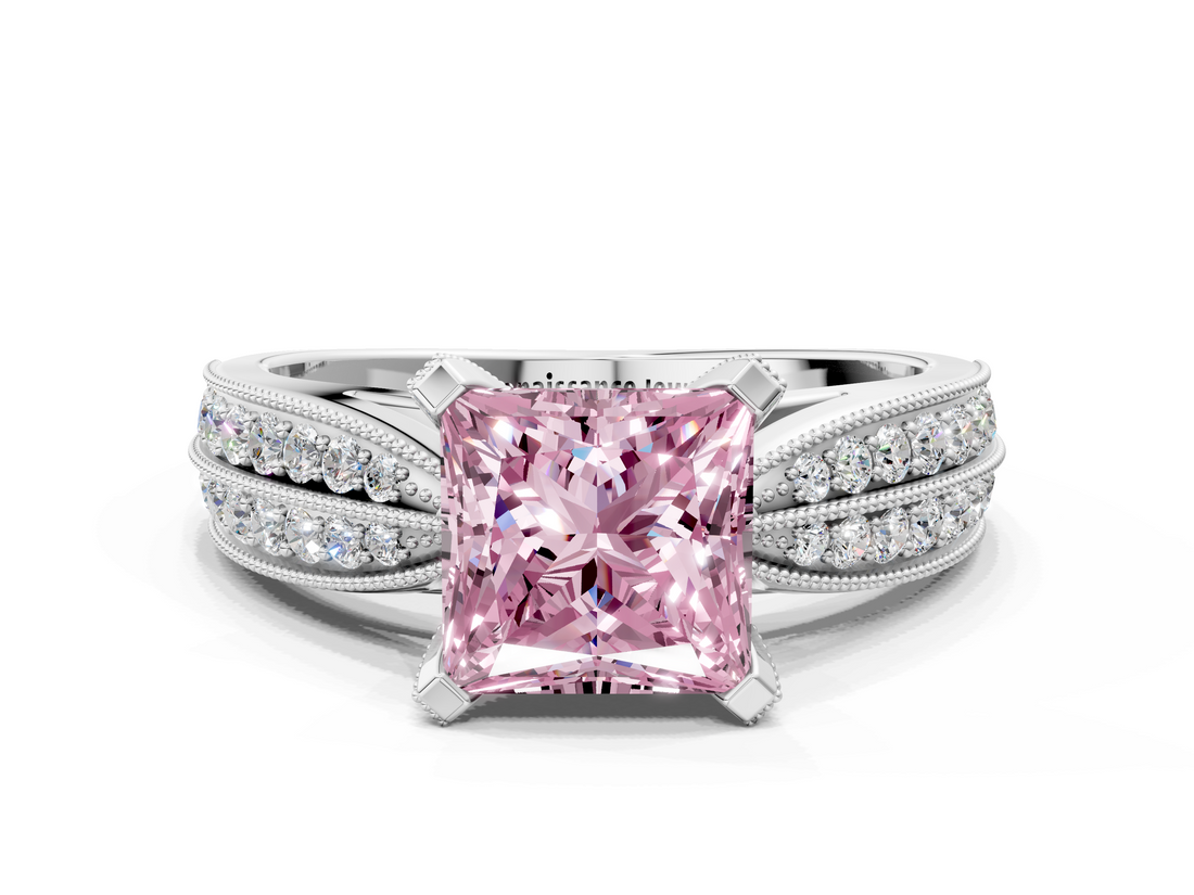 White gold Fancy Pink Princess  Solitaire Diamond Ring with Milgrain Pavé Band and Four-Prong Setting_19