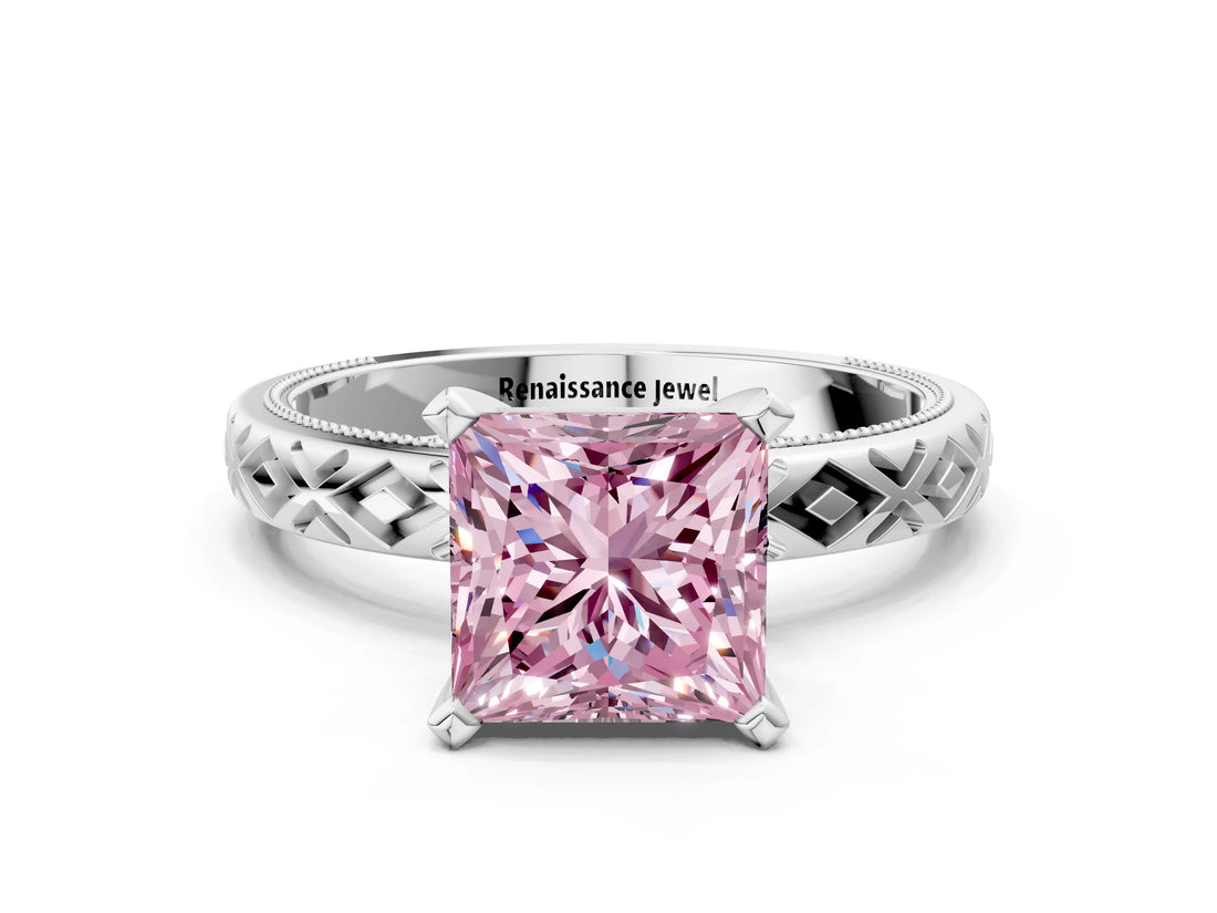 White gold Fancy Pink Princess  Solitaire Diamond Ring with Milgrain and Black Enamel X Pattern Band_29