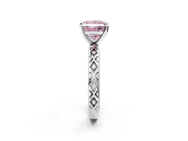 Platinum Fancy Pink Princess  Solitaire Diamond Ring with Milgrain and Black Enamel X Pattern Band