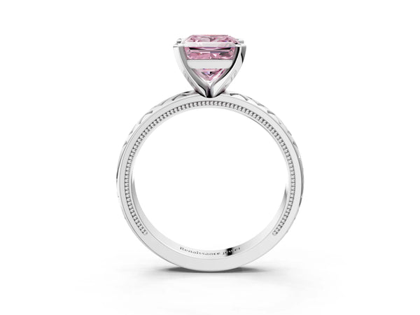 Platinum Fancy Pink Princess  Solitaire Diamond Ring with Milgrain and Black Enamel X Pattern Band
