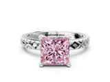 White gold Fancy Pink Princess  Solitaire Diamond Ring with Milgrain and Black Enamel X Pattern Band_34