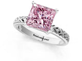 White gold Fancy Pink Princess  Solitaire Diamond Ring with Milgrain and Black Enamel X Pattern Band_35