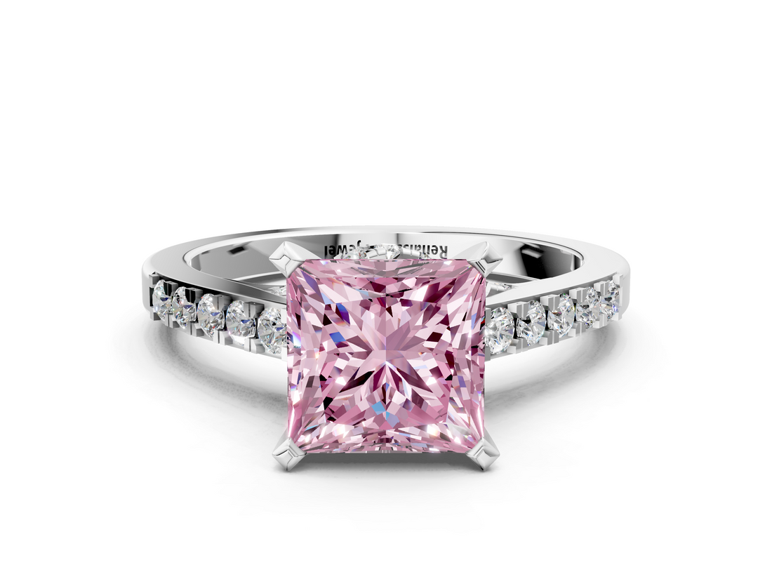 White gold Fancy Pink Princess  Solitaire Diamond Ring with Pavé Band and Four-Prong Setting