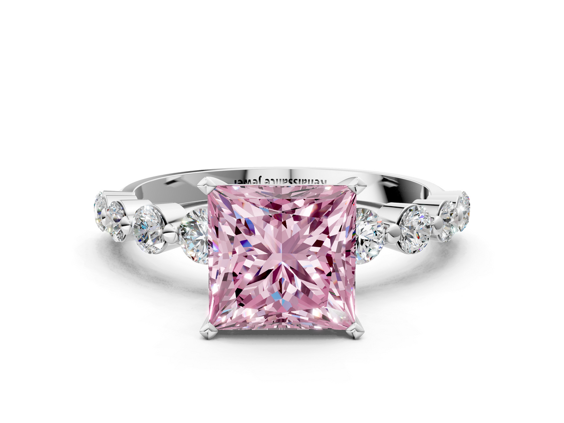 White gold Fancy Pink Princess  Solitaire Diamond Ring with Pave Band and Four-Prong Setting