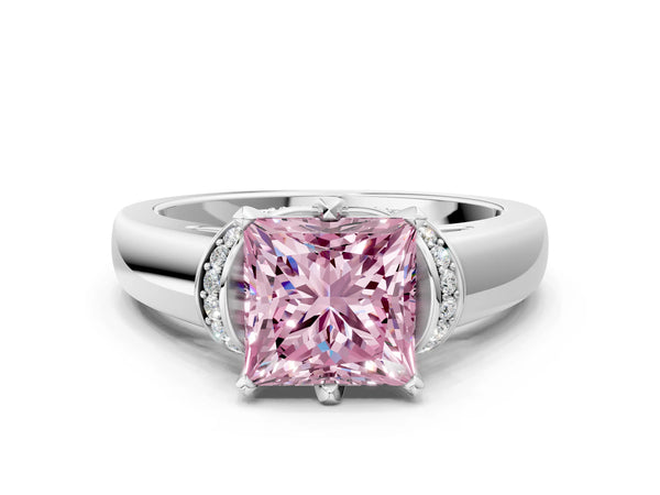 White gold Fancy Pink Princess  Solitaire Diamond Ring with Pave Band and Six-Prong Setting