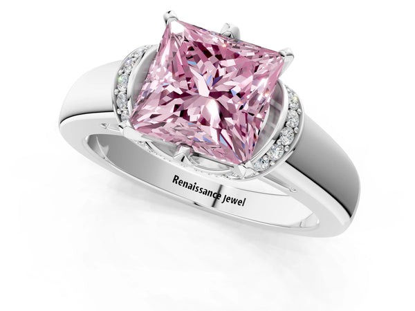 White gold Fancy Pink Princess  Solitaire Diamond Ring with Pave Band and Six-Prong Setting
