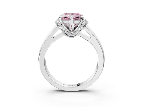 White gold Fancy Pink Princess  Solitaire Diamond Ring with Pave Band and Six-Prong Setting