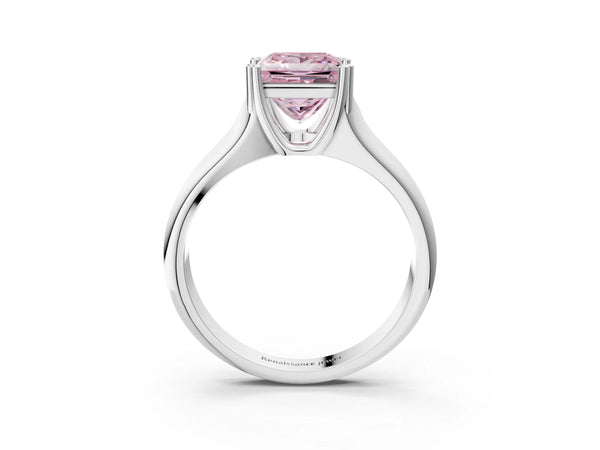 White gold Fancy Pink Princess Cut Diamond Solitaire Ring with Wide Band and Prong Setting