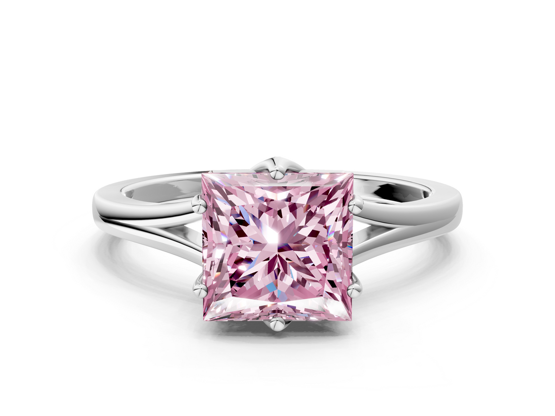 White gold Fancy Pink Princess  Solitaire Diamond Ring with Six-Prong Setting and Tapered Band