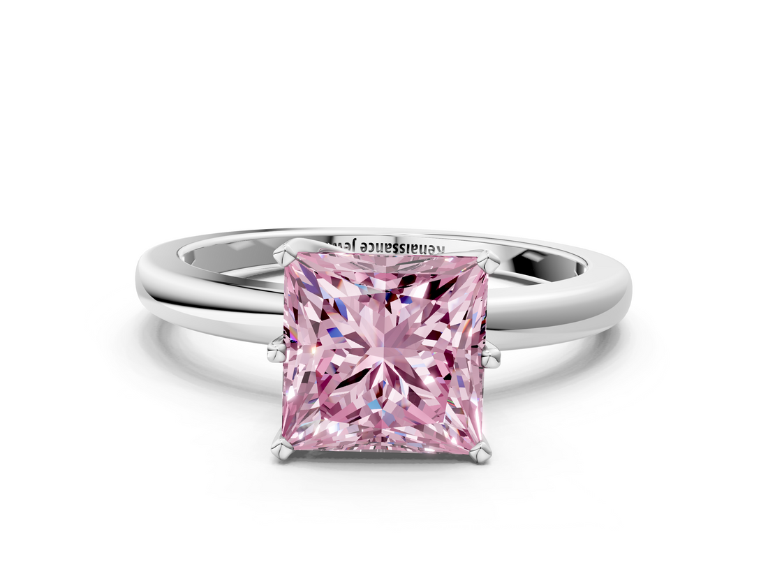 White gold Fancy Pink Princess  Solitaire Diamond Ring with Six-Prong Setting on a Classic Band