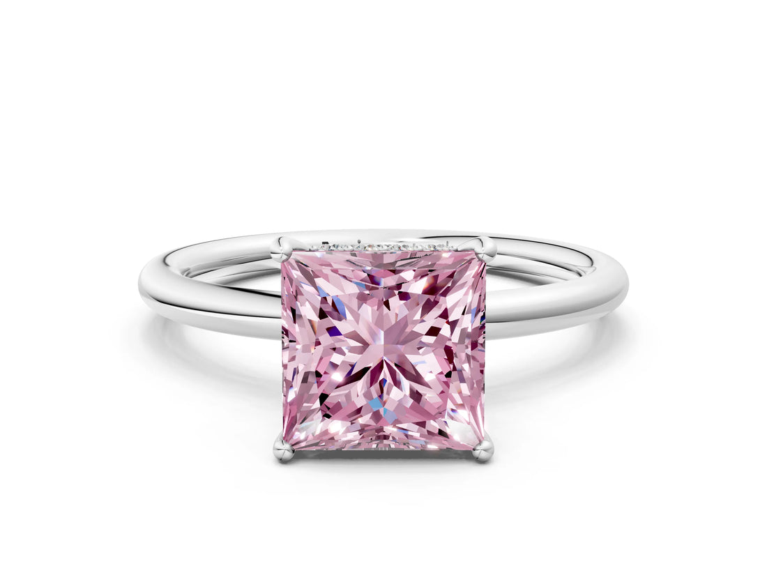 White gold Fancy Pink Princess  Solitaire Diamond Ring with a Classic Band and Four-Prong Setting