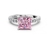 White gold Fancy Pink Princess  Solitaire Diamond with Pavé Band and Four-Prong Setting