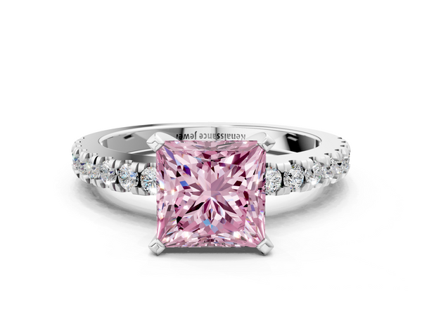 Platinum Fancy Pink Princess  Solitaire Diamond with Pavé Band and Four-Prong Setting