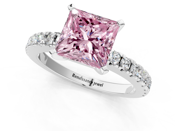 Platinum Fancy Pink Princess  Solitaire Diamond with Pavé Band and Four-Prong Setting