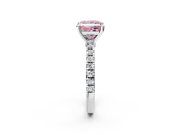 Platinum Fancy Pink Princess  Solitaire Diamond with Pavé Band and Four-Prong Setting