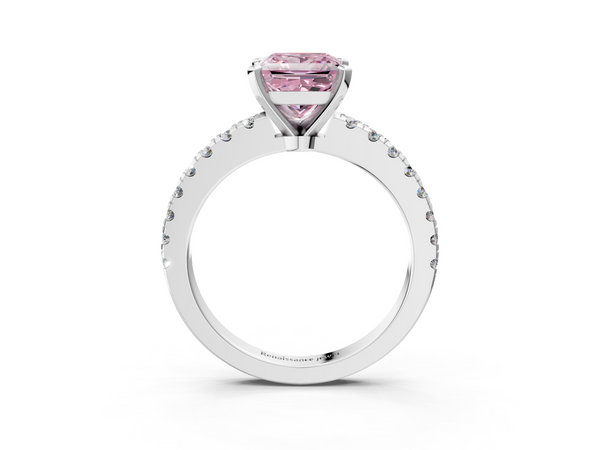 Platinum Fancy Pink Princess  Solitaire Diamond with Pavé Band and Four-Prong Setting