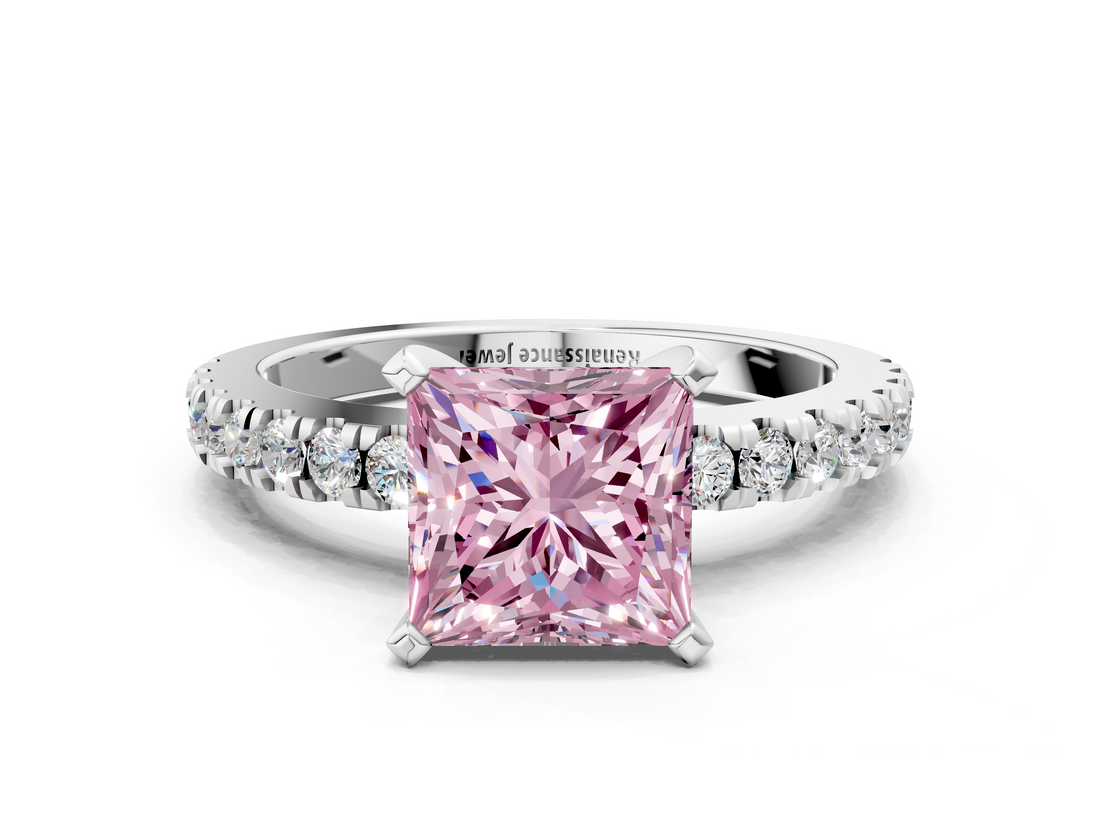 White gold Fancy Pink Princess  Solitaire Diamond with Pavé Band and Four-Prong Setting