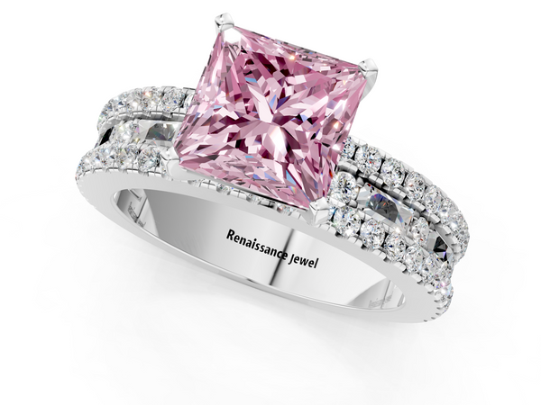 White Gold Princess Cut Pave and Baguette Engagement Ring Setting for Fancy Pink Center