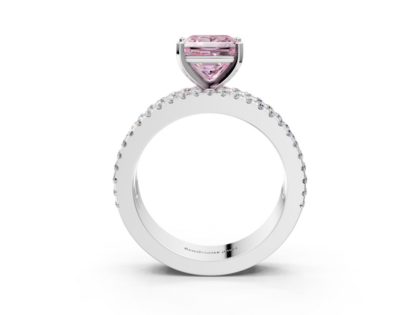 White Gold Princess Cut Pave and Baguette Engagement Ring Setting for Fancy Pink Center