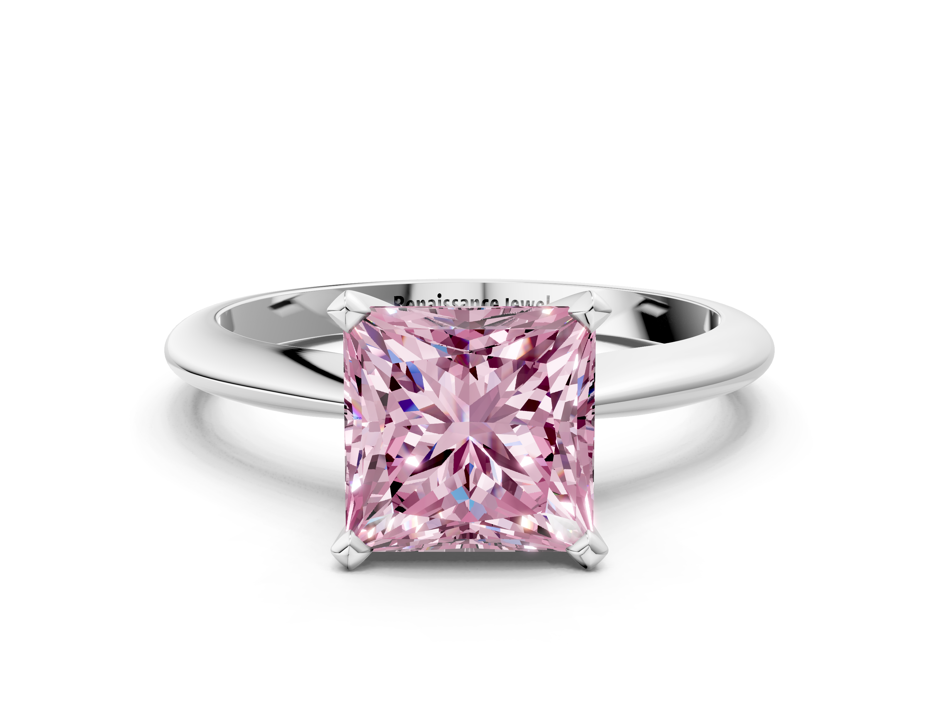 White gold Fancy Pink Princess  Solitaire Engagement Ring with Classic Band and Four-Prong Setting