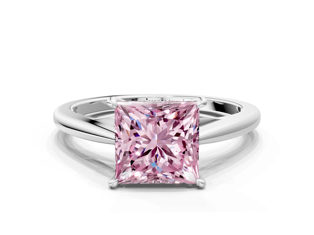 White gold Fancy Pink Princess  Solitaire Engagement Ring with Four-Prong Setting and Classic Band
