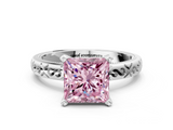 White gold Fancy Pink Princess  Solitaire Engagement Ring with Scrollwork Band and Four-Prong Setting