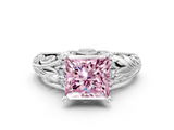White gold Fancy Pink Princess  Solitaire Filigree Engagement Ring with Halo and Prong Setting