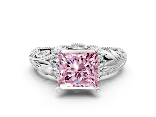 White gold Fancy Pink Princess  Solitaire Filigree Engagement Ring with Halo and Prong Setting