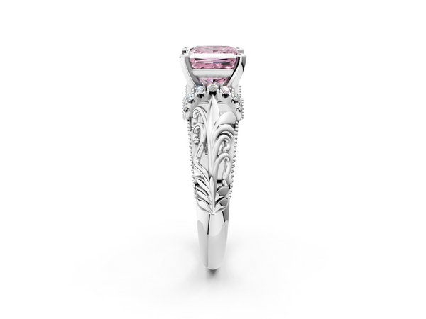 White gold Fancy Pink Princess  Solitaire Filigree Engagement Ring with Halo and Prong Setting