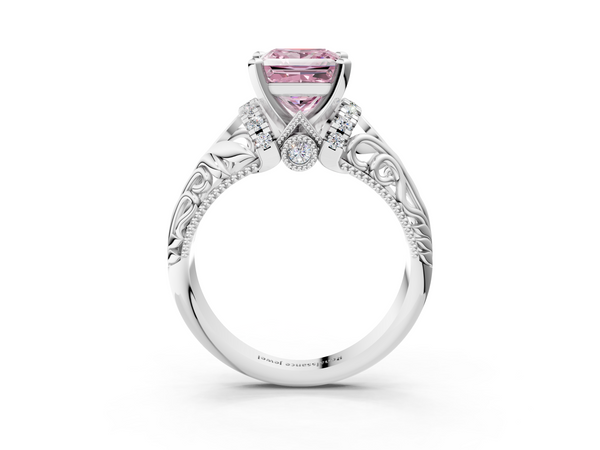 White gold Fancy Pink Princess  Solitaire Filigree Engagement Ring with Halo and Prong Setting