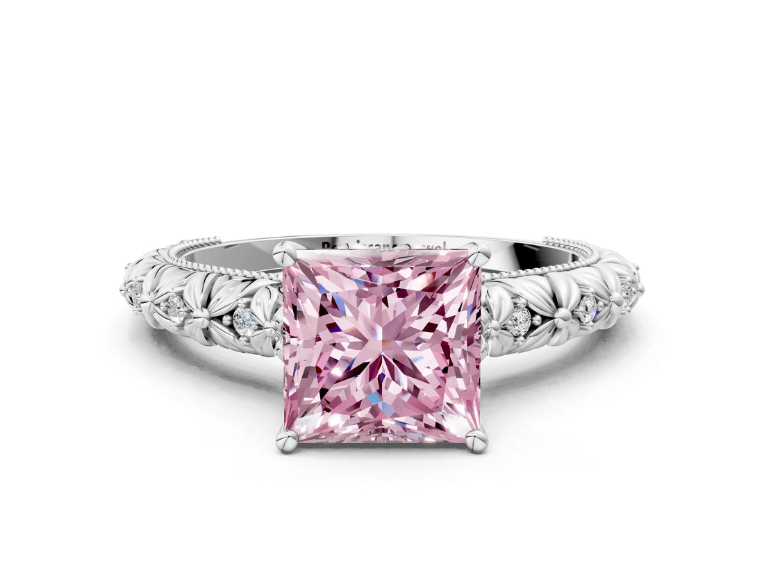 White gold Fancy Pink Princess  Solitaire Floral Milgrain Engagement Ring_31