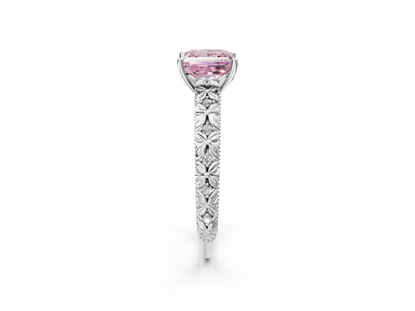 Platinum Fancy Pink Princess  Solitaire Floral Milgrain Engagement Ring