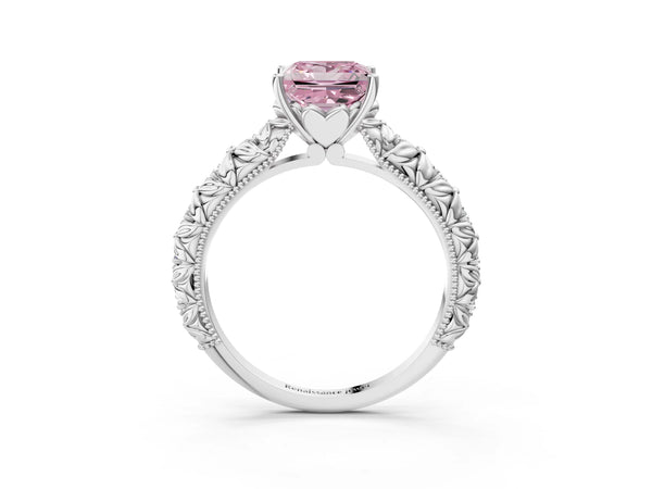 Platinum Fancy Pink Princess  Solitaire Floral Milgrain Engagement Ring