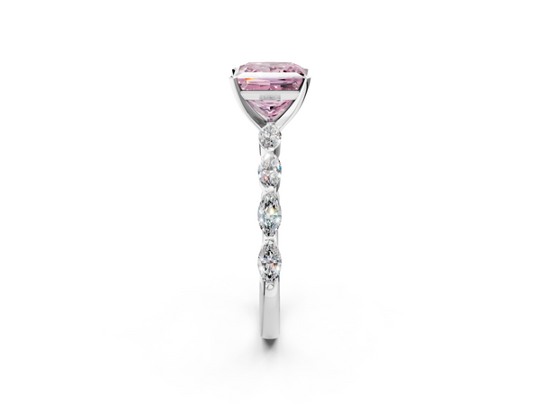 White Gold Princess Cut Engagement Ring Setting for Fancy Pink Center with Marquise Side Accents