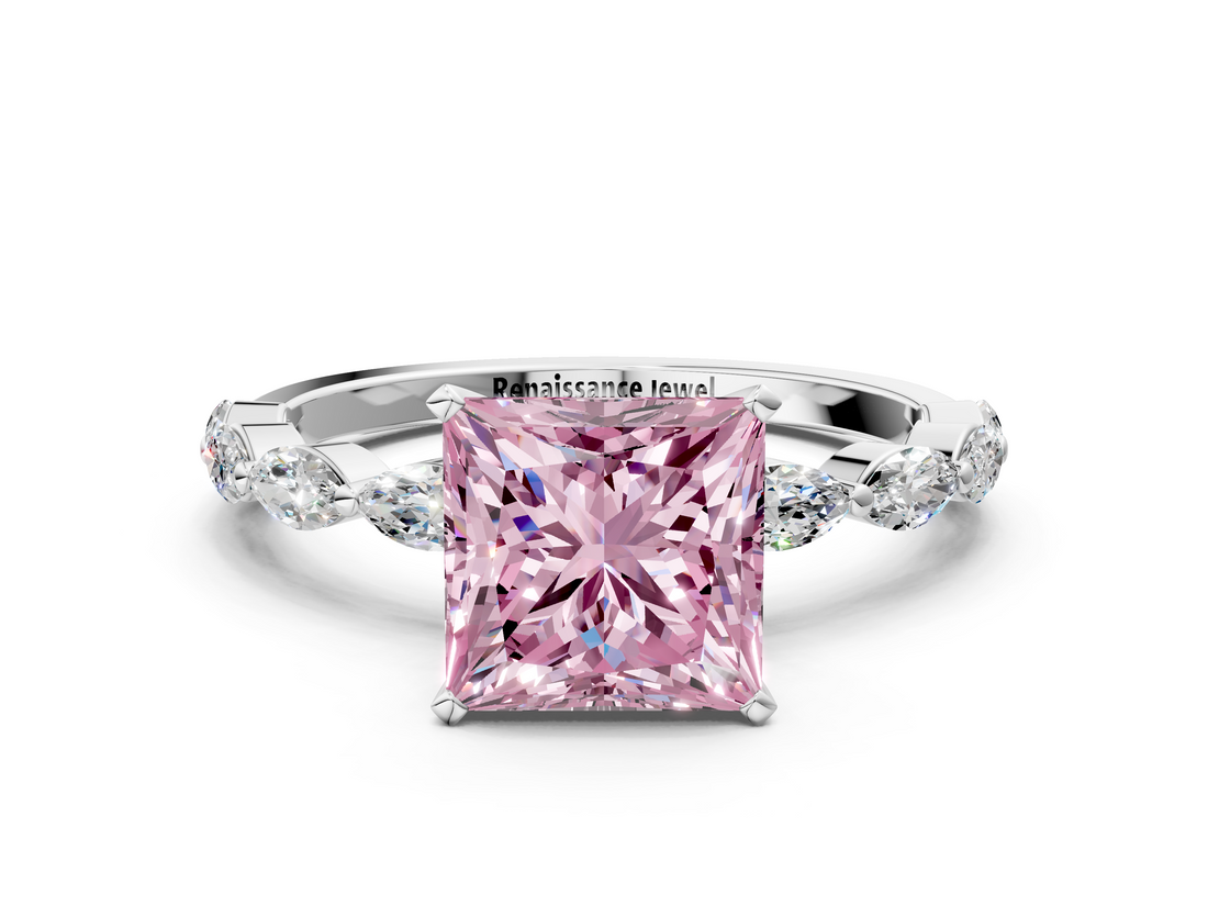 White gold Fancy Pink Princess  Solitaire Marquise Side Stone Prong Setting Ring
