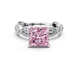 White gold Fancy Pink Princess  Solitaire Milgrain Diamond Engagement Ring with Bezel and Marquise Band