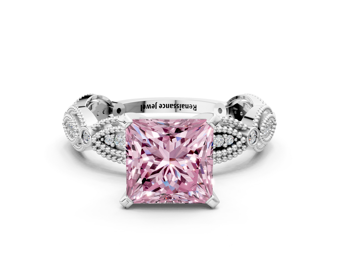 White gold Fancy Pink Princess  Solitaire Milgrain Diamond Engagement Ring with Bezel and Marquise Band