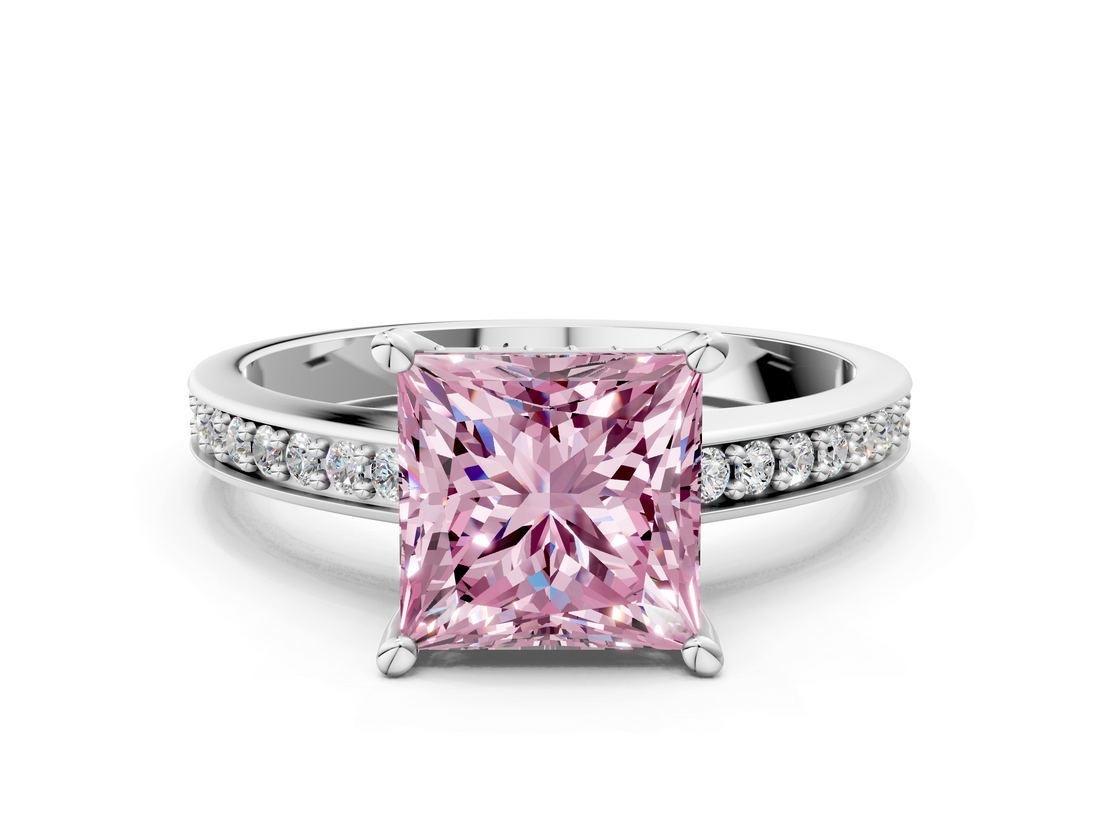 White gold Fancy Pink Princess  Solitaire Pavé Band Prong Setting Ring