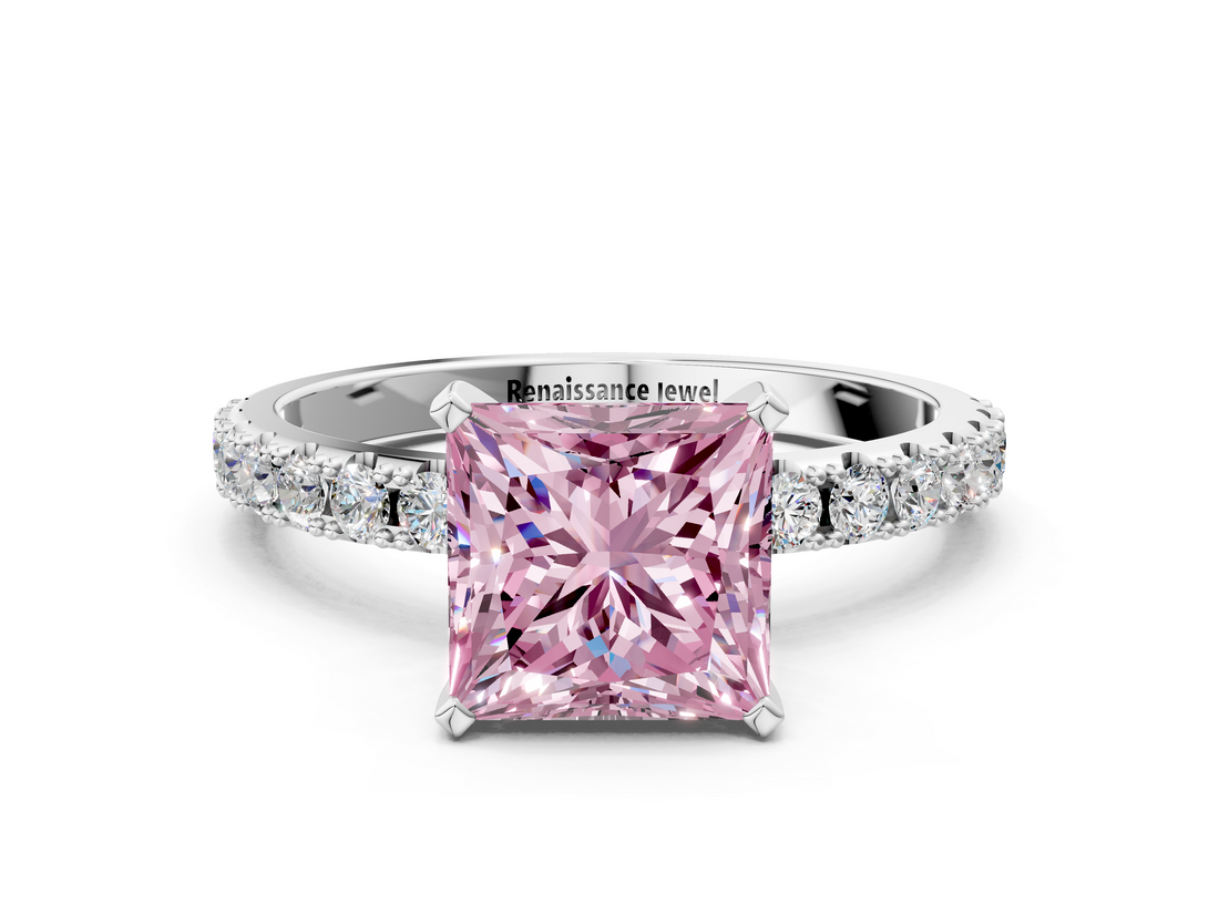 White gold Fancy Pink Princess  Solitaire Pavé Band with Four-Prong Setting